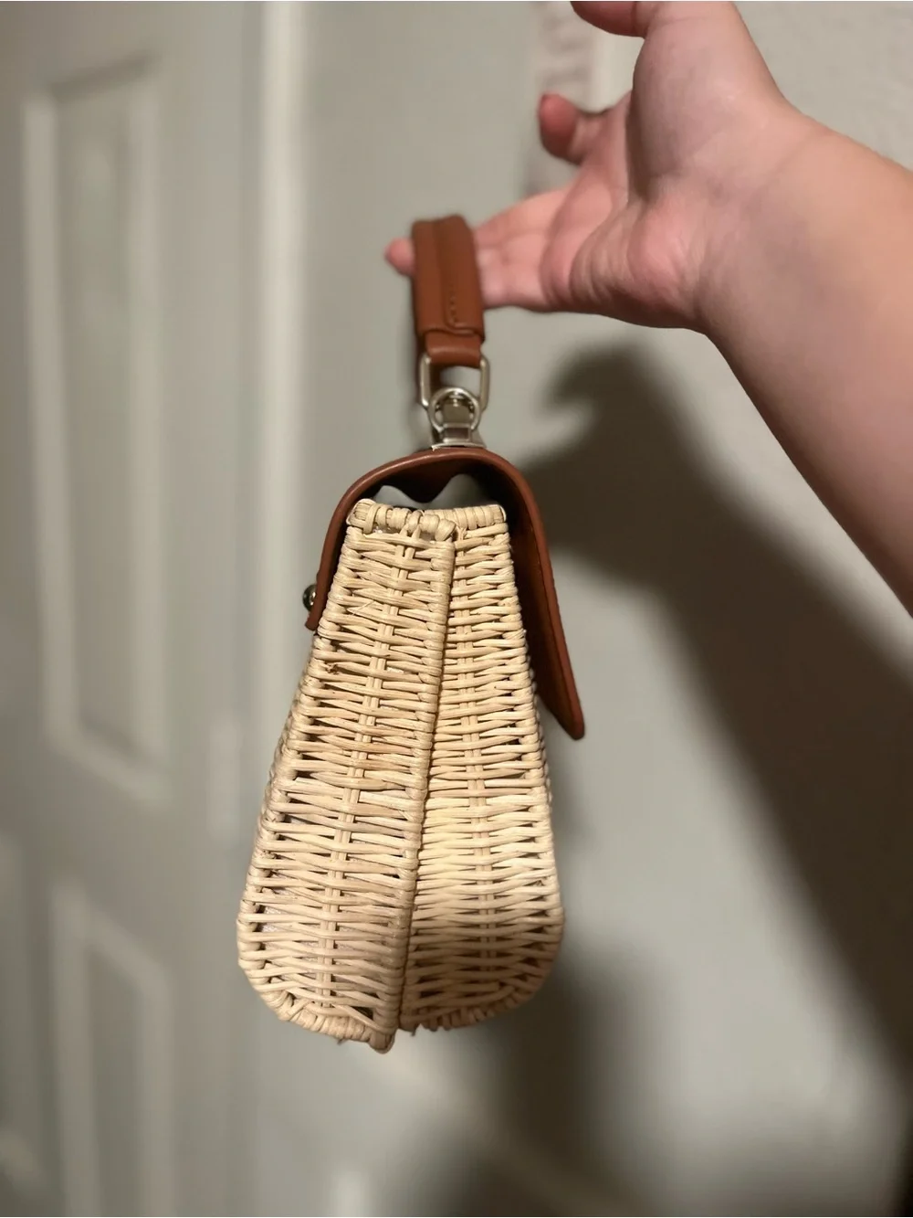 Tommy Bahama Tan Leather & Wicker Top-Handle Bag